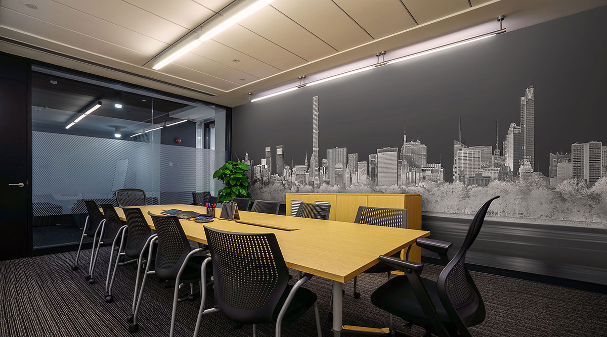 An interior design decor artwork example of A very high definition cityscape VAST photo of the Midtown Manhattan city skyline in New York City from the reservoir in Central Park; created by Dan Piech