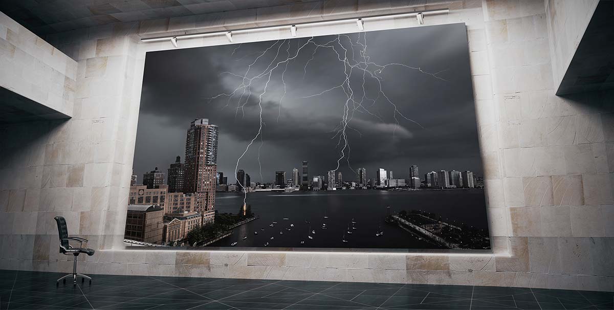 An interior design decor artwork example of The highest definition VAST photo of a lightning bolt strike from a thunderstorm over the Hudson River and Tribeca Pointe in the Battery Park City neighborhood of New York City; created by Dan Piech