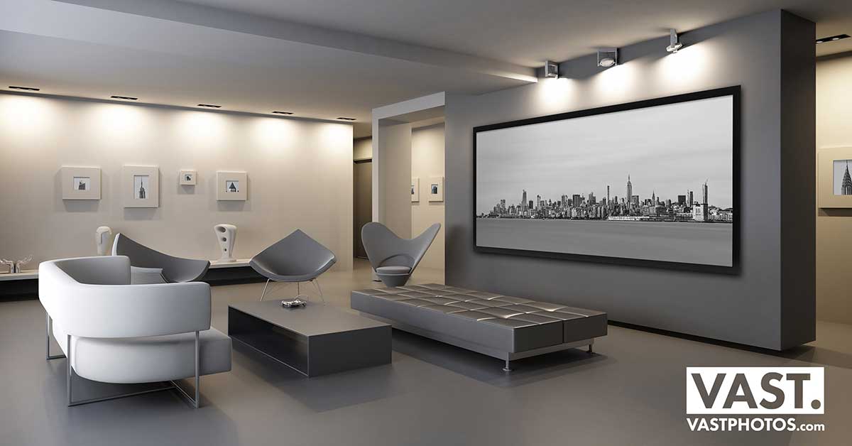 An interior design decor artwork example of A very high defintion long exposure cityscape VAST photo of the Midtown Manhattan New York City skyline and the Hudson River in black and white; created by Dan Piech