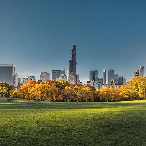 Thumbnail from A very high resolution landscape VAST photo of Sheep Meadow and the Manhattan skyline in Central Park at sunrise during autumn; created in New York City by Dan Piech