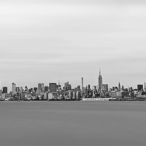 Thumbnail from A very high resolution long exposure cityscape VAST photo of the Midtown Manhattan New York City skyline and the Hudson River in black and white; created by Dan Piech