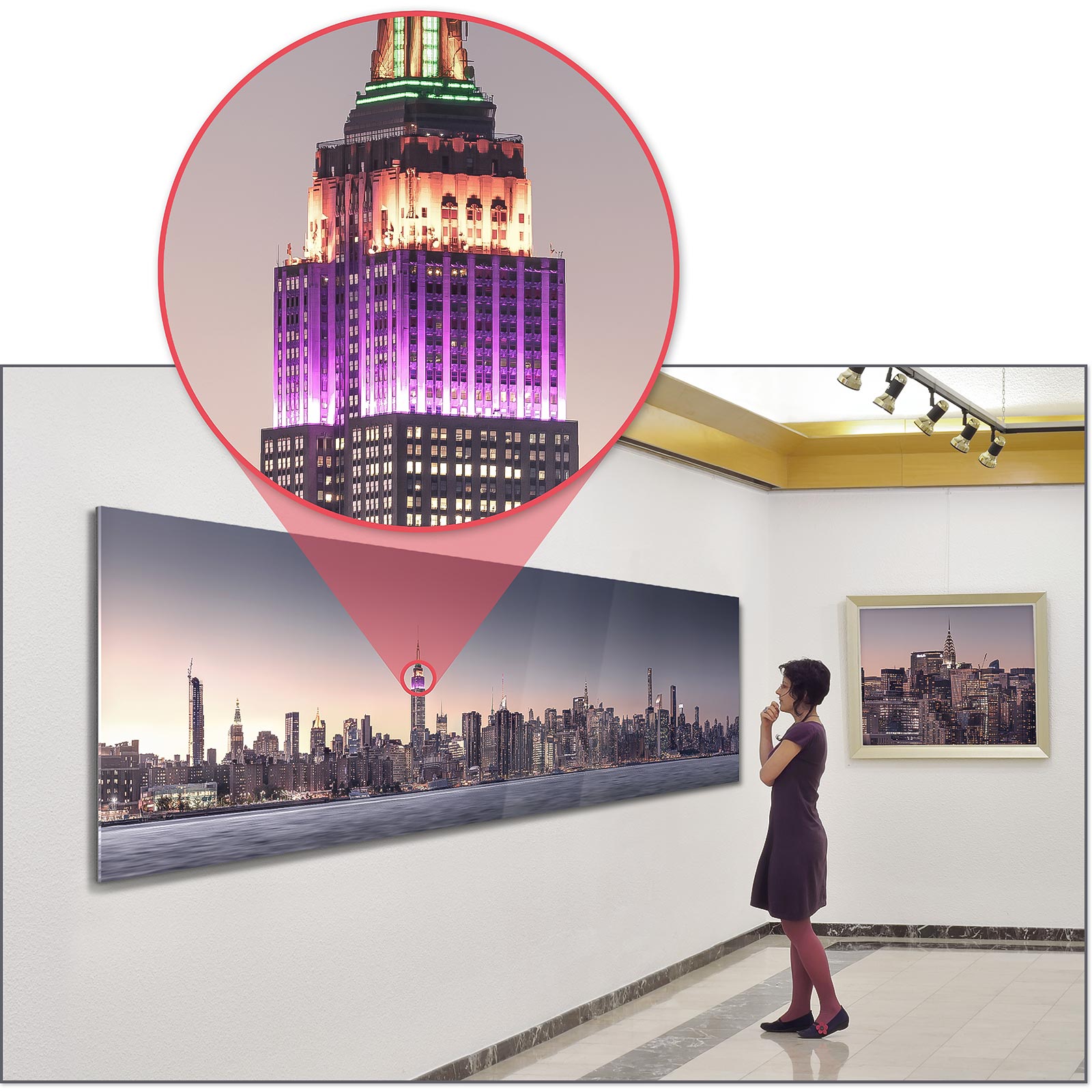 An interior design decor artwork example of the highest resolution cityscape VAST photo of the Midtown Manhattan city skyline in the evening sunset in New York City; created by Dan Piech