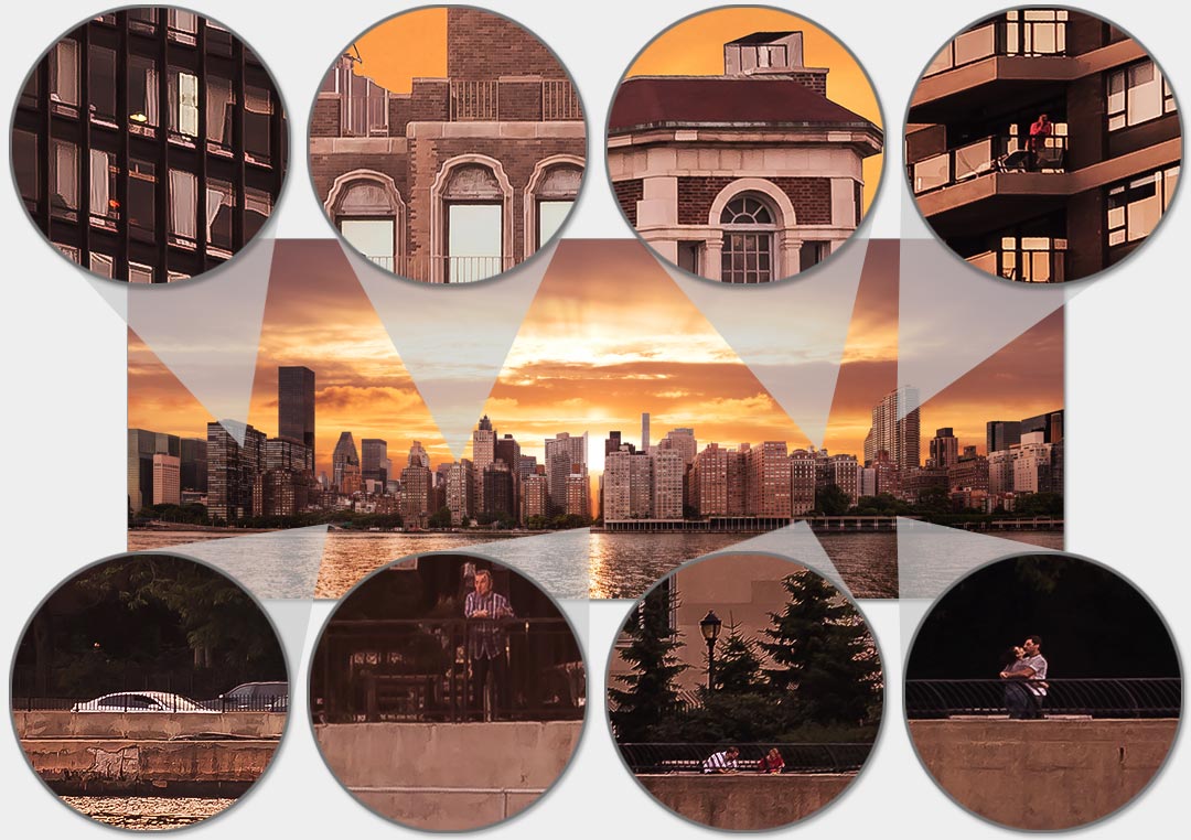 A very high resolution cityscape VAST photo of the midtown Manhattan city skyline and East River during a beautiful sunset in New York City; created by Dan Piech