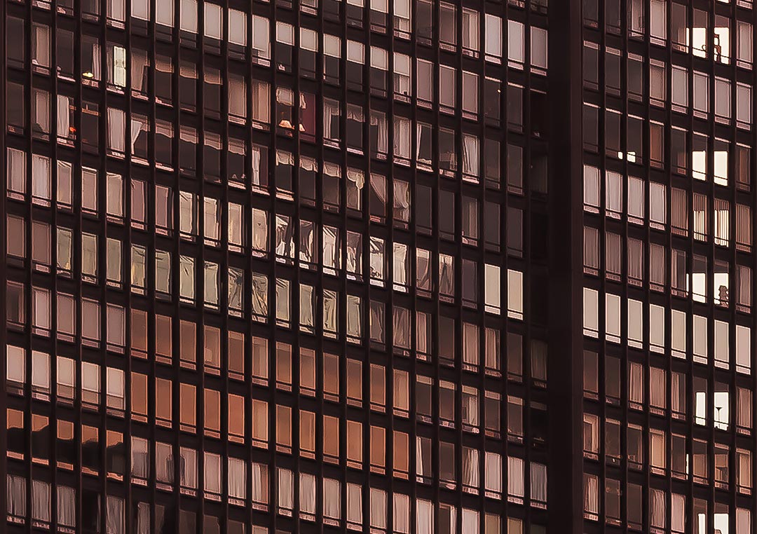 Close up of A very high resolution cityscape VAST photo of the midtown Manhattan city skyline and East River during a beautiful sunset in New York City; created by Dan Piech