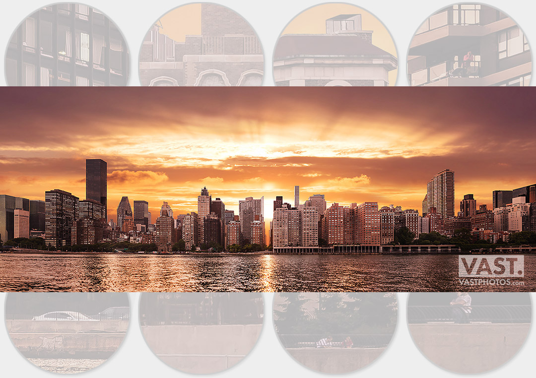 Close up of A very high resolution cityscape VAST photo of the midtown Manhattan city skyline and East River during a beautiful sunset in New York City; created by Dan Piech
