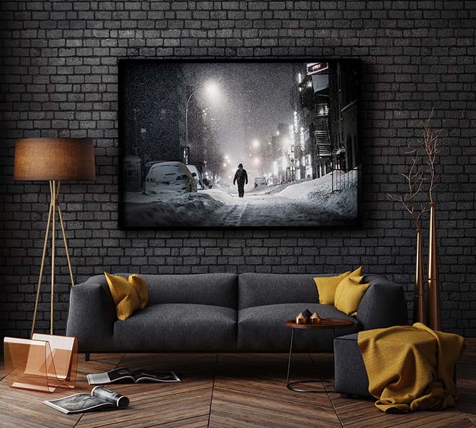 An interior design decor artwork example of A very high resolution VAST photo of a lonely person walking down an alley during the 2016 winter snow blizzard at night in New York City; created by Dan Piech